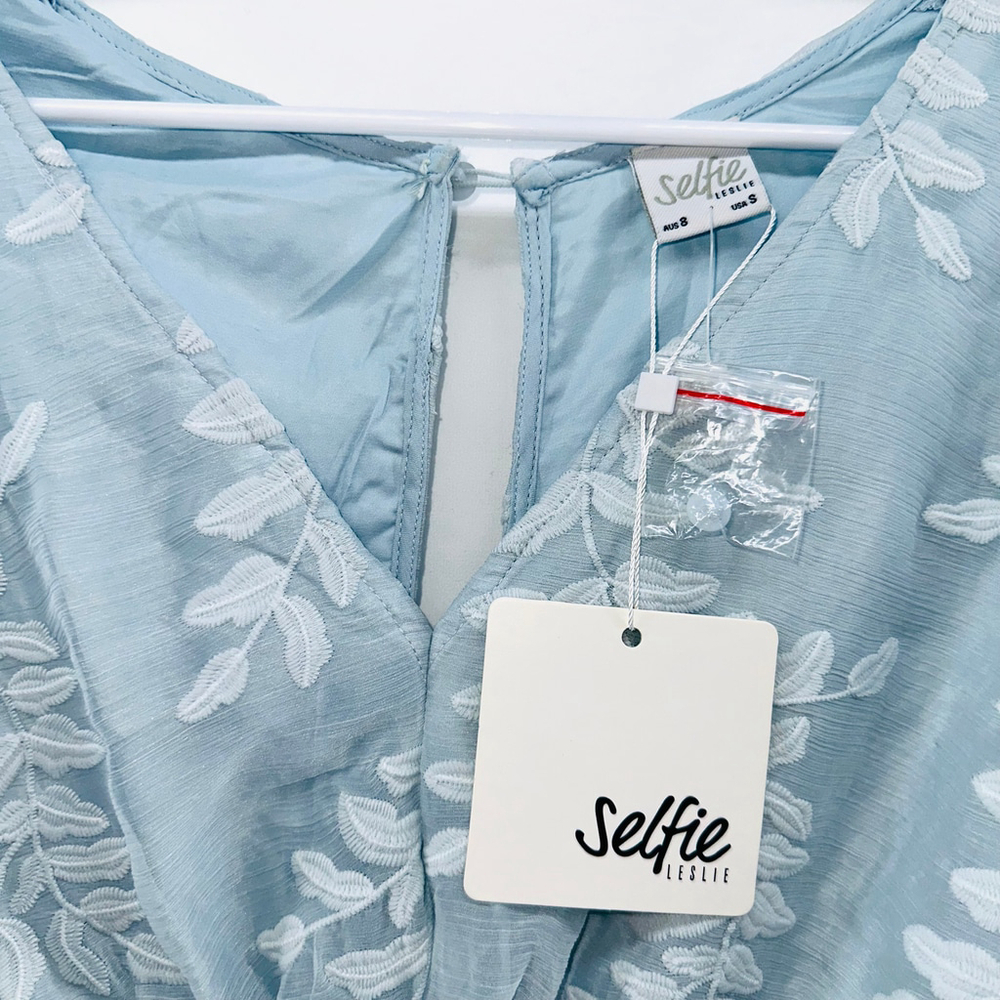 NWT SELFIE LESLIE Caspar Leafy Romantic EMBROIDERED DRESS Mod BABY BLUE WOMENS S - Picture 6 of 11